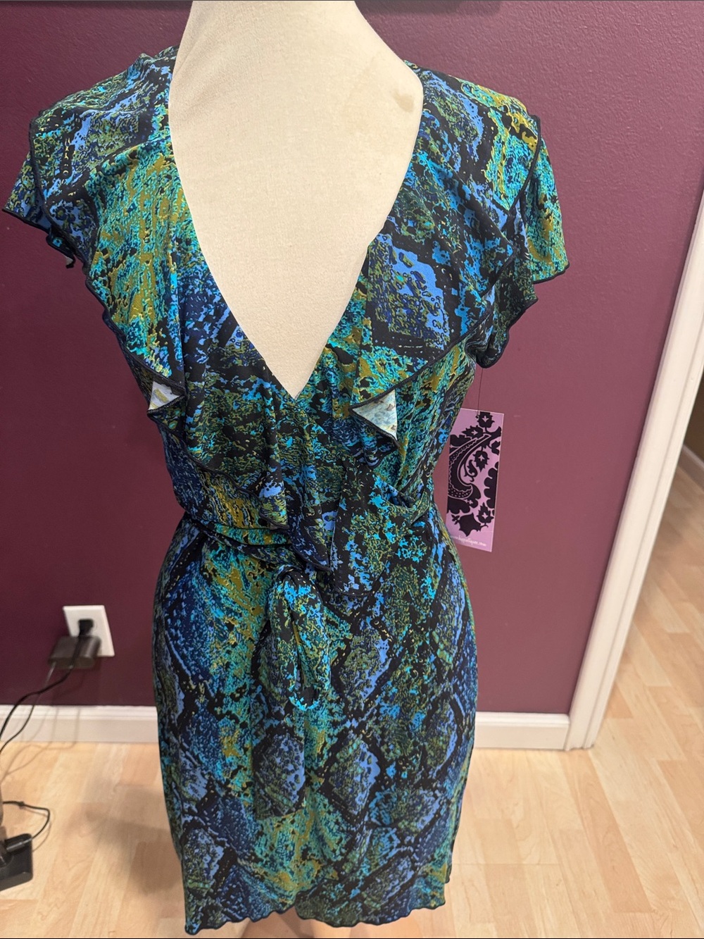 Draped V-Neck Mini Dress in Blue & Green Snake Print - Picture 4 of 5